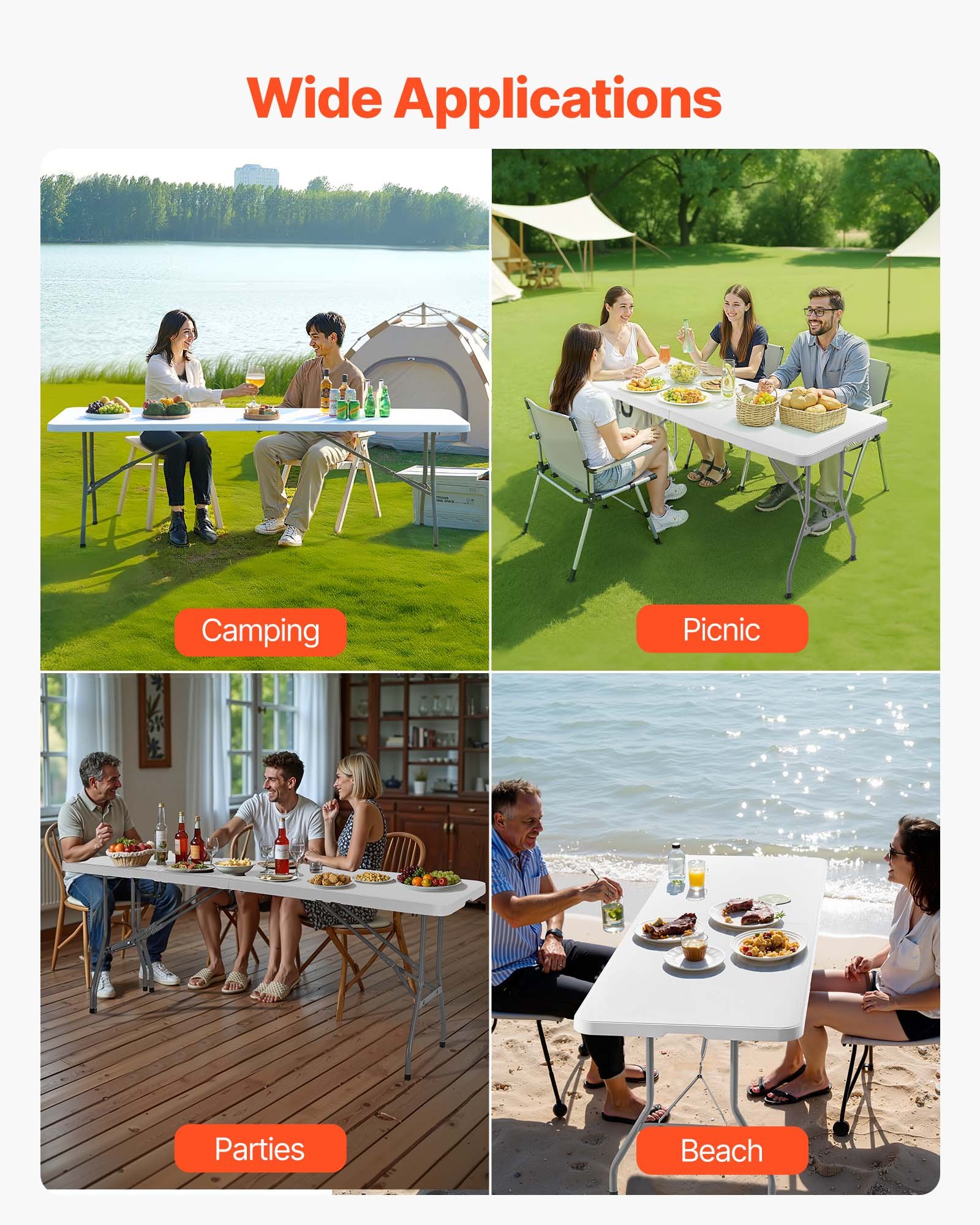 VEVOR Folding Table, 8 Ft Heavy Duty Portable Fold-in-Half Utility Table, Indoor Outdoor Plastic Rectangle Table with Built in Handle, for Party, Dining, Wedding, Events, Picnic, Camping, White