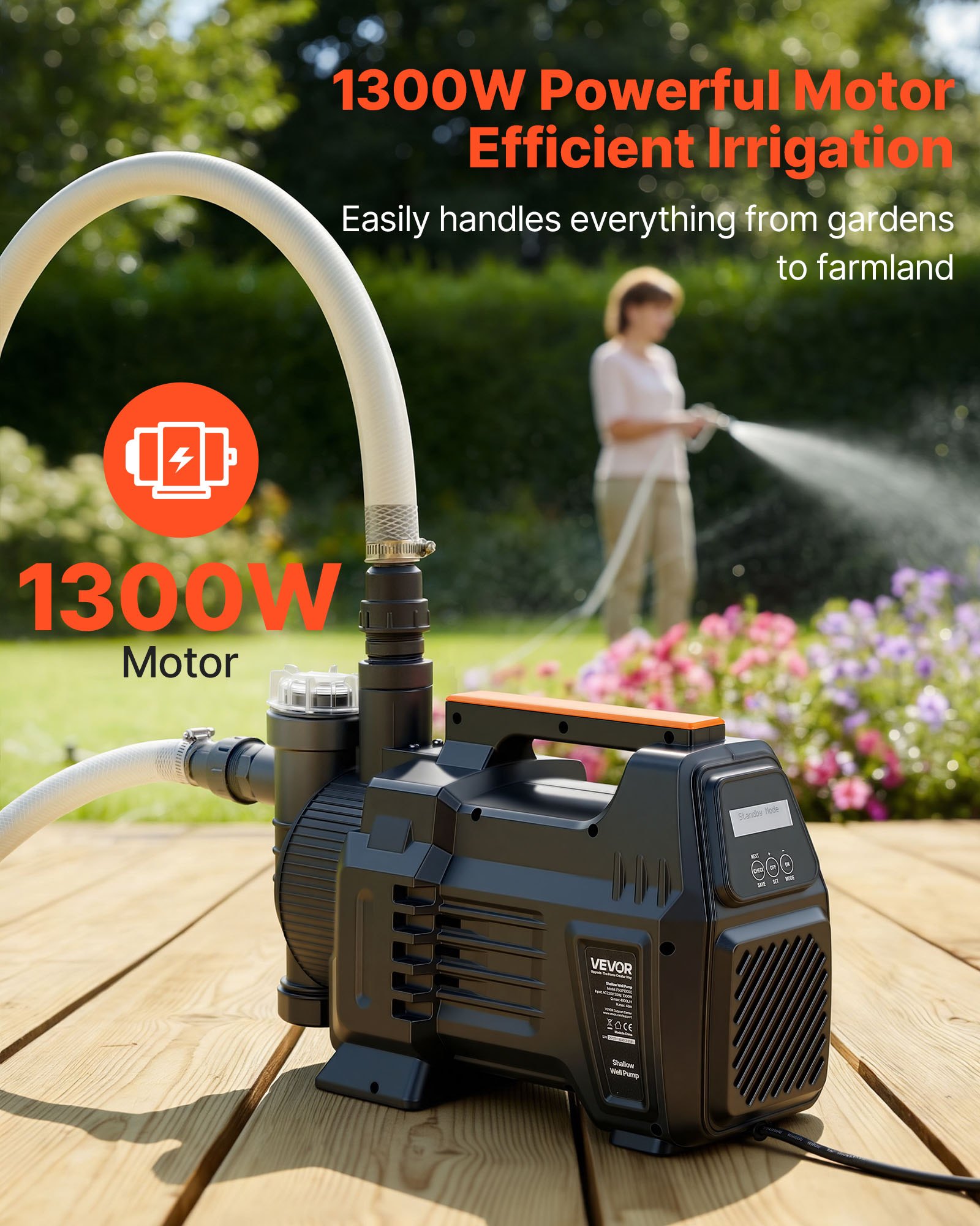 VEVOR Electronic Shallow Well Jet Pump, 1300W, 4800 L/H Maximum Flow Rate, PP Garden Well Jet Pump with 8 m Suction Height, Intelligent Electronic Control, for Garden Irrigation Lawn Sprinkler System