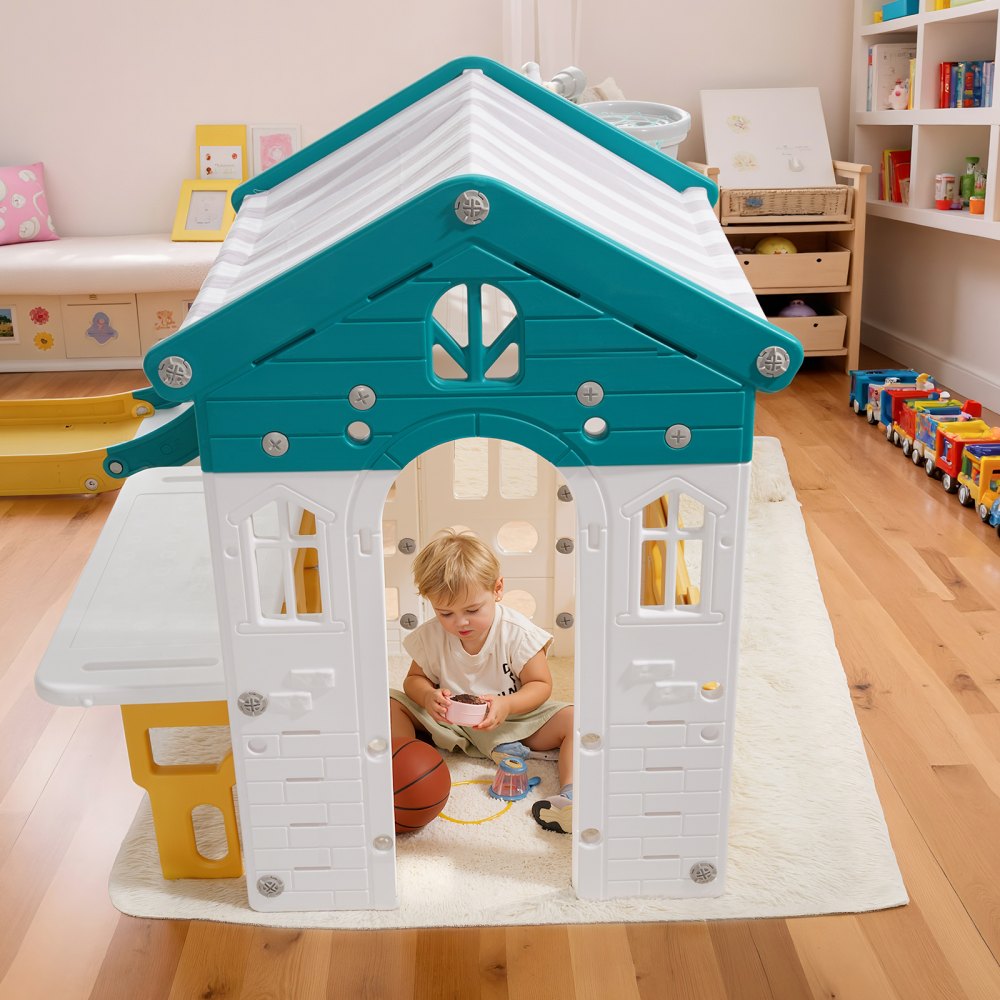 VEVOR Outdoor Playhouse, Versatile Toddler Playground with Slide, Basketball, Telescope, Steering Wheel, Crawling Tunnel, Sales Window, Toddler Playset for Aged 1+, Open Play Structure, HDPE Plastic