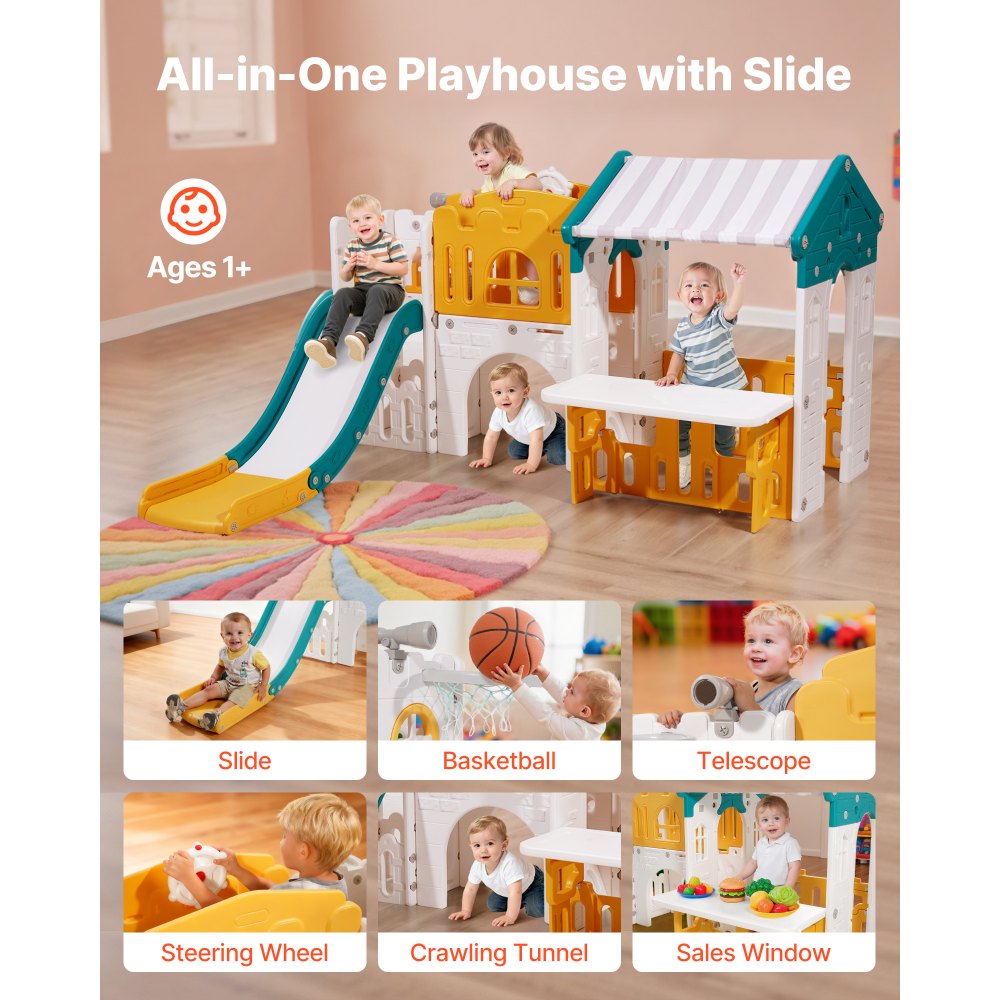 VEVOR Outdoor Playhouse, Versatile Toddler Playground with Slide, Basketball, Telescope, Steering Wheel, Crawling Tunnel, Sales Window, Toddler Playset for Aged 1+, Open Play Structure, HDPE Plastic