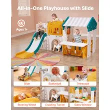 VEVOR Outdoor Playhouse, Versatile Toddler Playground with Slide, Basketball, Telescope, Steering Wheel, Crawling Tunnel, Sales Window, Toddler Playset for Aged 1+, Open Play Structure, HDPE Plastic