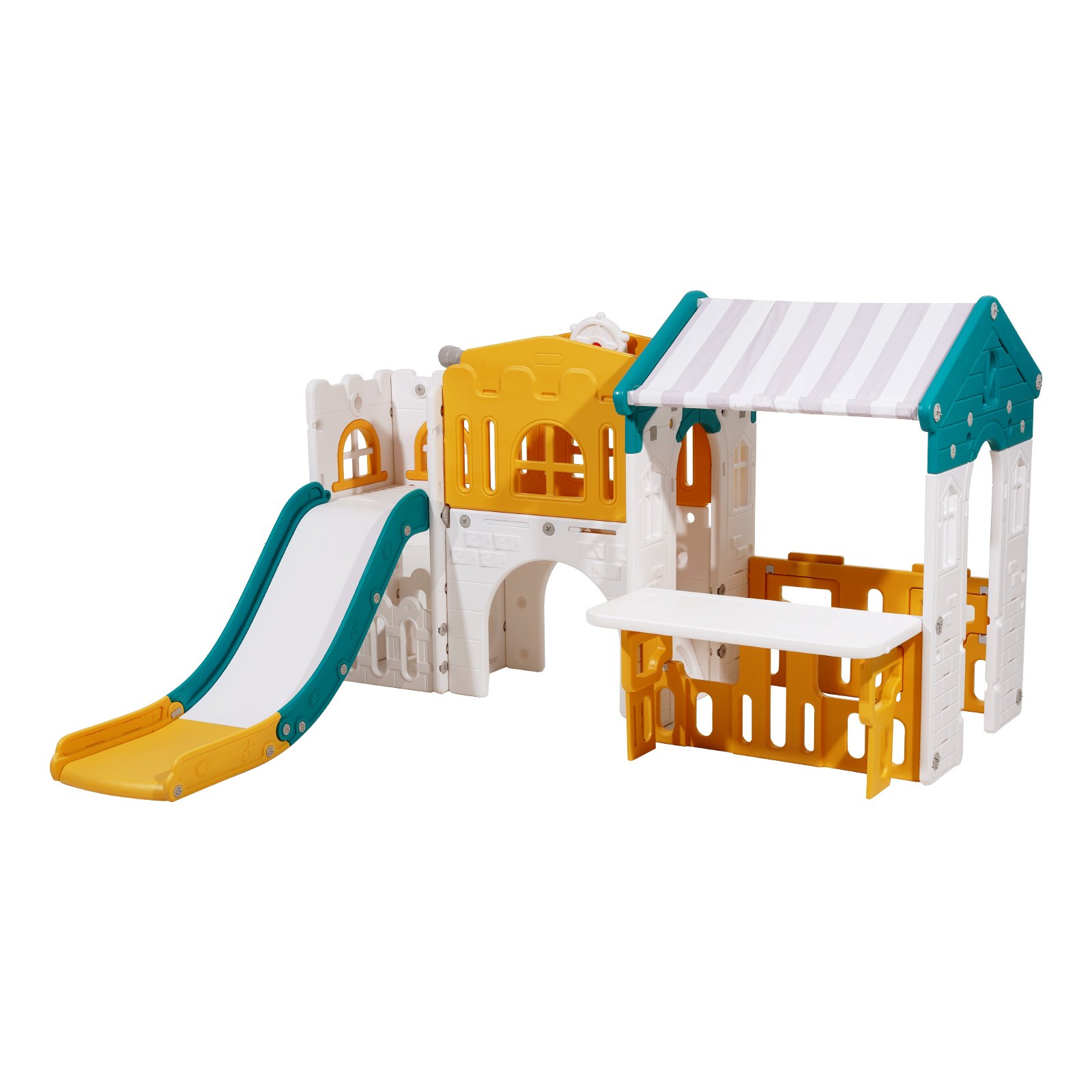 VEVOR Outdoor Playhouse, Versatile Toddler Playground with Slide, Basketball, Telescope, Steering Wheel, Crawling Tunnel, Sales Window, Toddler Playset for Aged 1+, Open Play Structure, HDPE Plastic