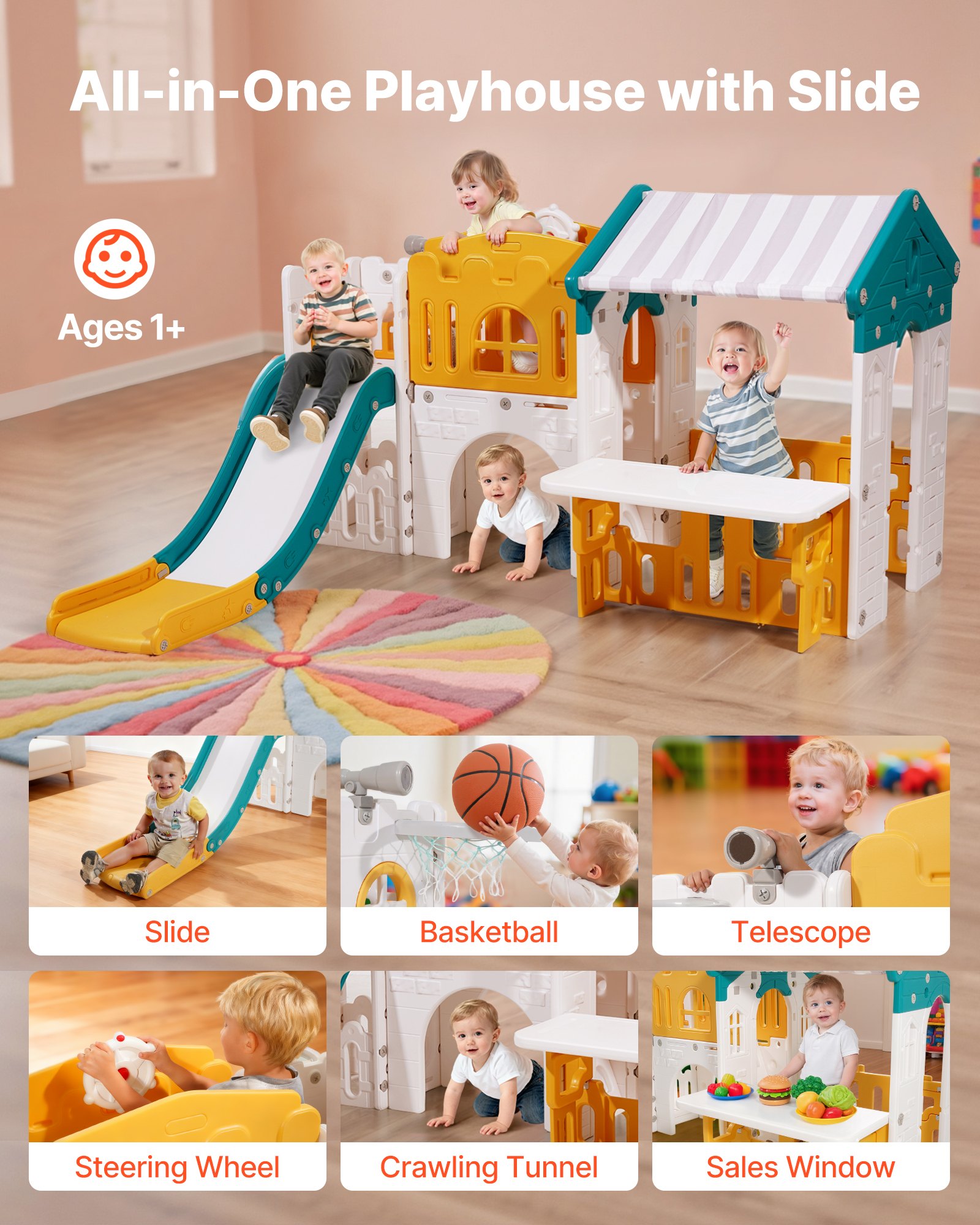 VEVOR Outdoor Playhouse, Versatile Toddler Playground with Slide, Basketball, Telescope, Steering Wheel, Crawling Tunnel, Sales Window, Toddler Playset for Aged 1+, Open Play Structure, HDPE Plastic