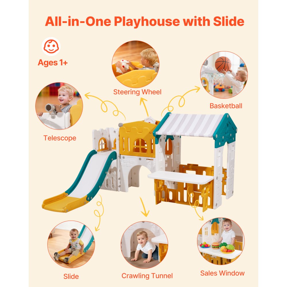VEVOR Outdoor Playhouse Versatile Toddler Playground Open Play Structure, for Aged 1+, with Slide, Basketball, Telescope, Steering Wheel, Crawling Tunnel, Sales Window, Toddler Playset, HDPE Plastic