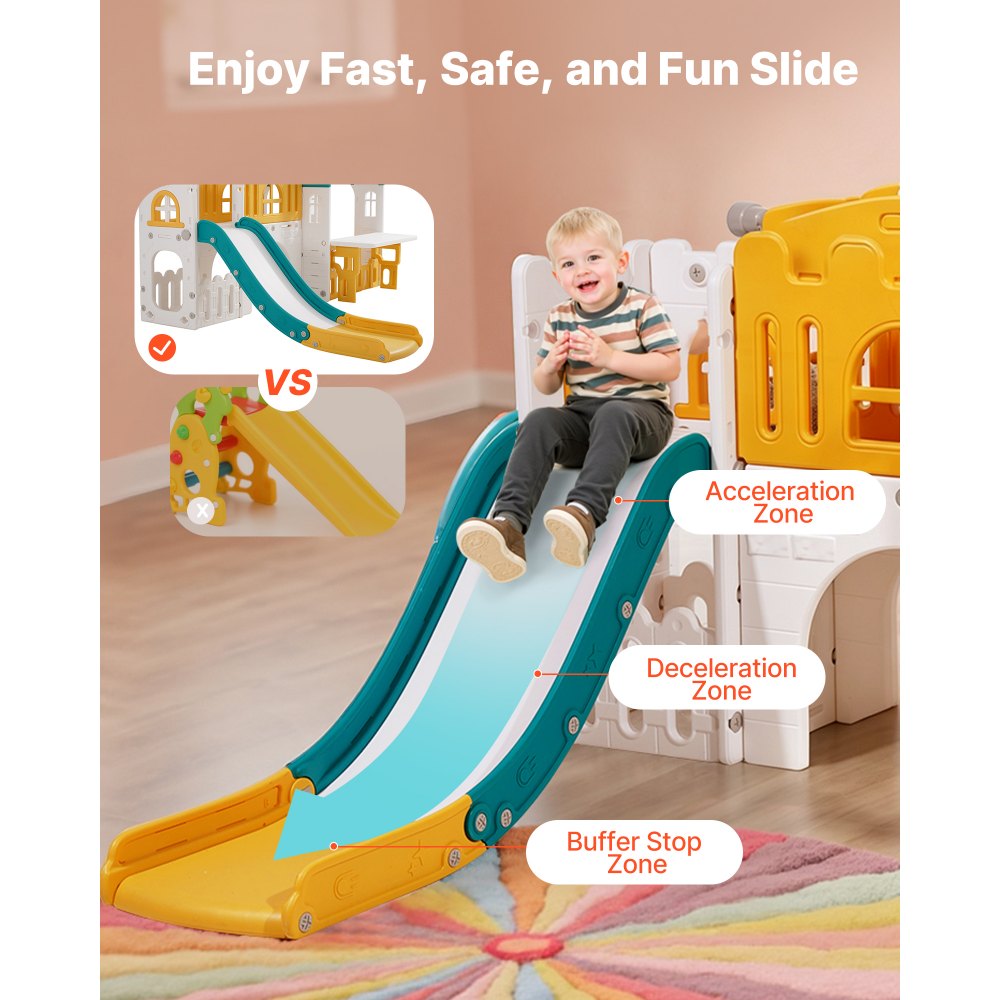 VEVOR Outdoor Playhouse Versatile Toddler Playground Open Play Structure, for Aged 1+, with Slide, Basketball, Telescope, Steering Wheel, Crawling Tunnel, Sales Window, Toddler Playset, HDPE Plastic