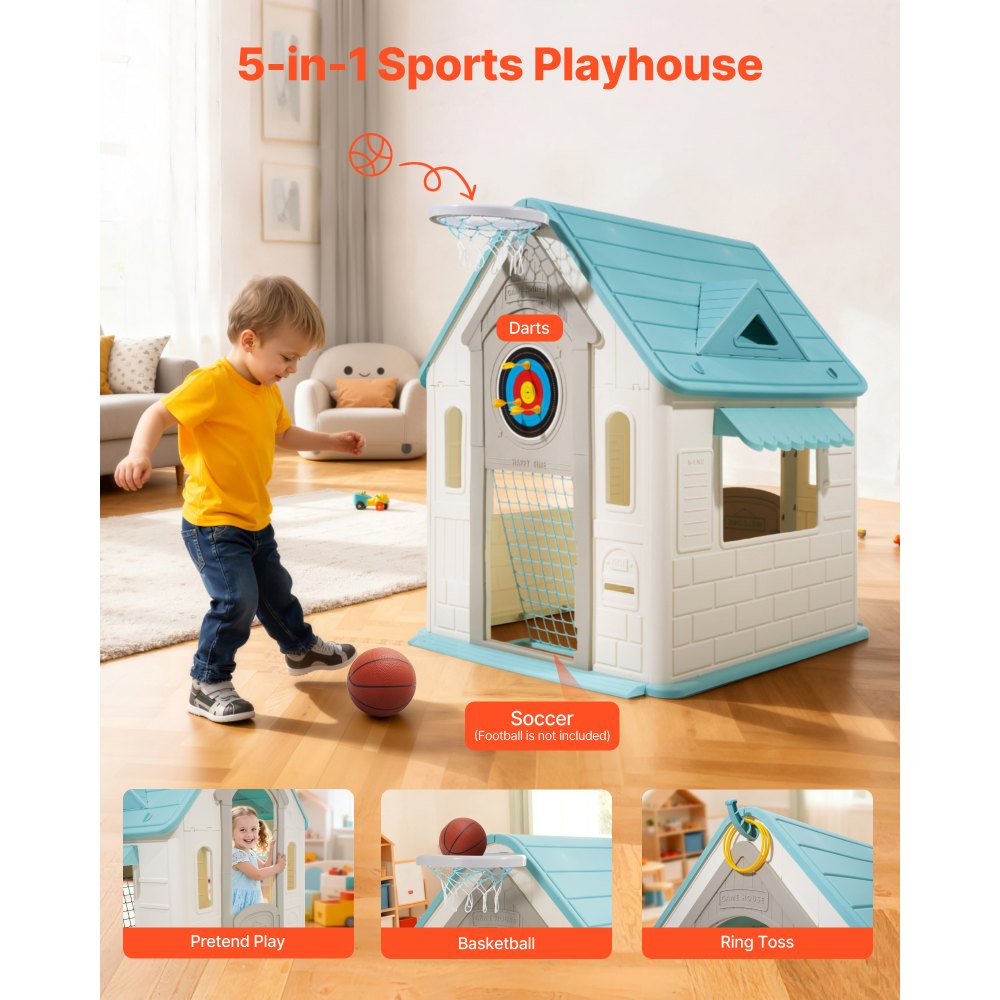 VEVOR Outdoor Playhouse, 5-In-1 Cottage Play House with Pretend Play, Basketball, Darts, Soccer, Ring Toss, Window & Convenient Door, Toddler Slide Set for Aged 2+, Smooth Edges, Polypropylene Plastic