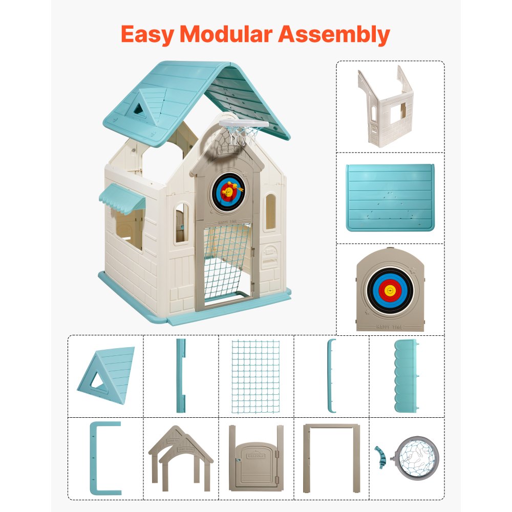 VEVOR Outdoor Playhouse, 5-In-1 Cottage Play House with Pretend Play, Basketball, Darts, Soccer, Ring Toss, Window & Convenient Door, Toddler Slide Set for Aged 2+, Smooth Edges, Polypropylene Plastic