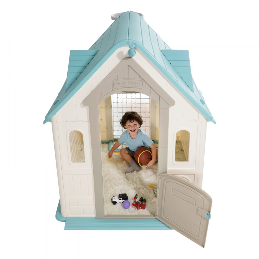 VEVOR Outdoor Playhouse, 5-In-1 Cottage Play House with Pretend Play, Basketball, Darts, Soccer, Ring Toss, Window & Convenient Door, Toddler Slide Set for Aged 2+, Smooth Edges, Polypropylene Plastic