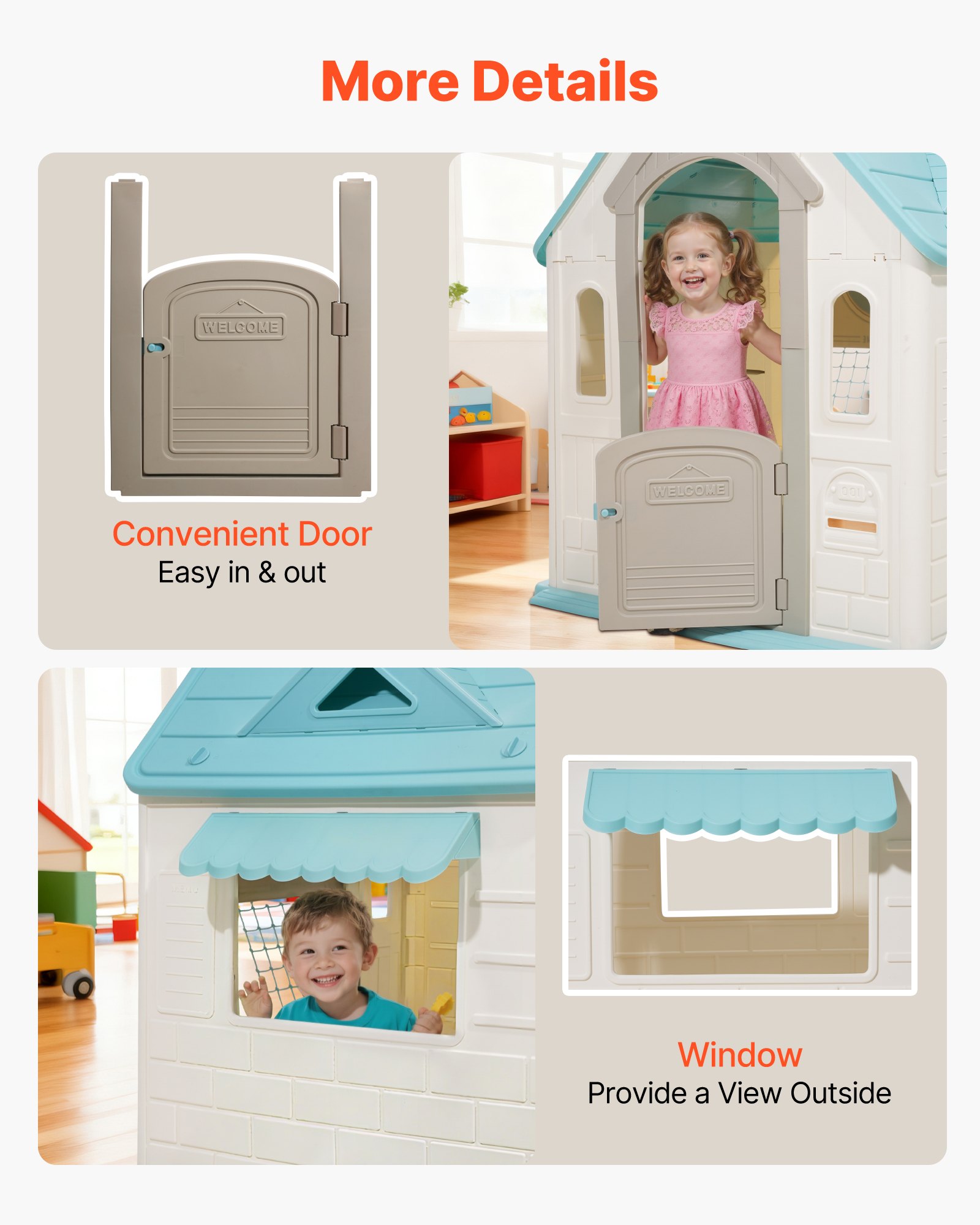 VEVOR Outdoor Playhouse, 5-In-1 Cottage Play House with Pretend Play, Basketball, Darts, Soccer, Ring Toss, Window & Convenient Door, Toddler Slide Set for Aged 2+, Smooth Edges, Polypropylene Plastic