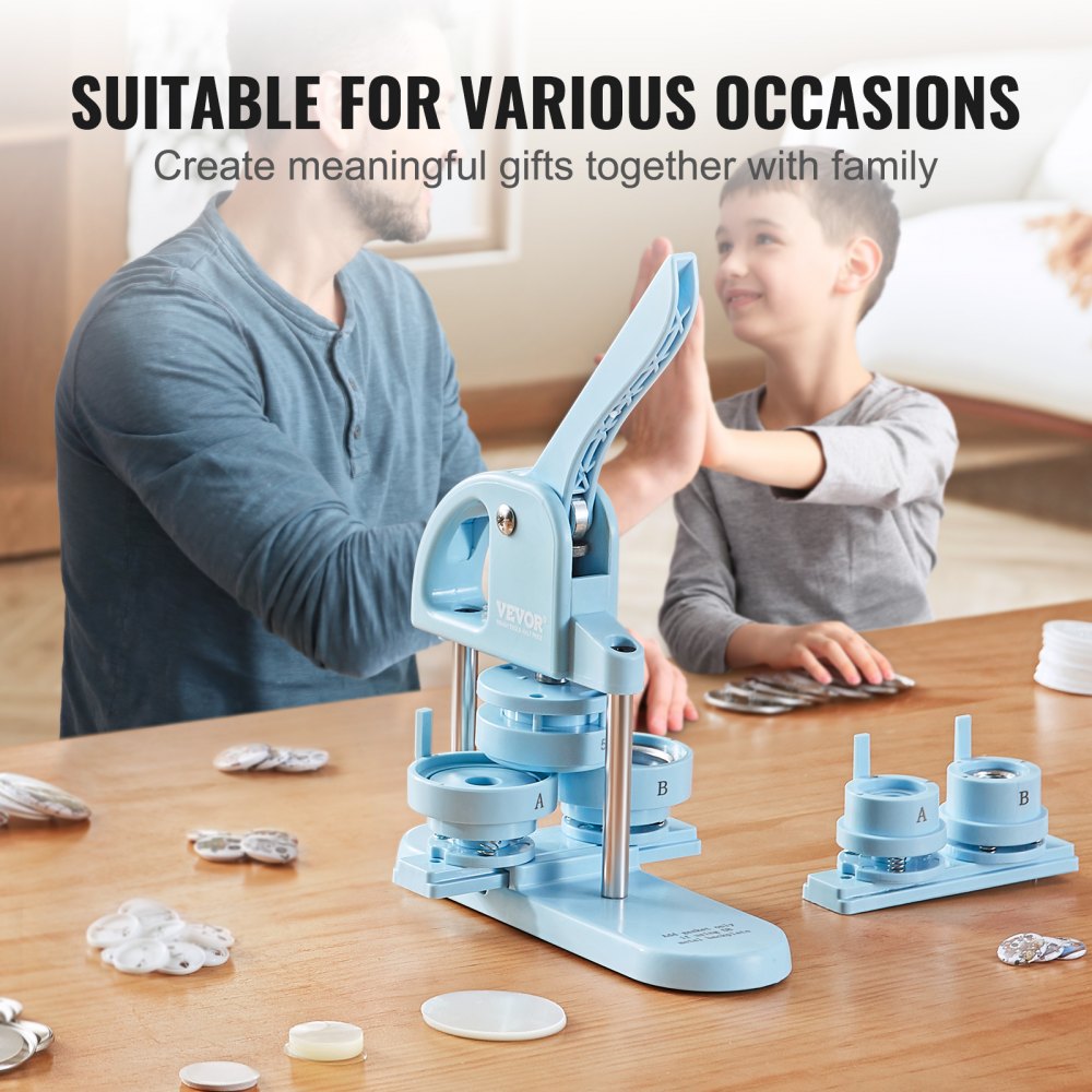 VEVOR Button Maker, 1/1.25/2.28 inch(25/32/58mm) 3-IN-1 Pin Maker, 300pcs Button Parts, Button Maker Machine with Panda Magic Book, Ergonomic Arc Handle Punch Press Kit, For Children DIY Gifts, Blue