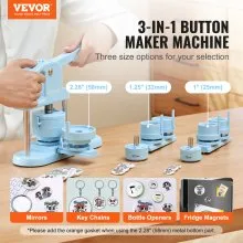 VEVOR Button Maker, 1/1.25/2.28 inch(25/32/58mm) 3-IN-1 Pin Maker, 300pcs Button Parts, Button Maker Machine with Panda Magic Book, Ergonomic Arc Handle Punch Press Kit, For Children DIY Gifts, Blue