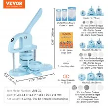 VEVOR Button Maker, 1/1.25/2.28 inch(25/32/58mm) 3-IN-1 Pin Maker, 300pcs Button Parts, Button Maker Machine with Panda Magic Book, Ergonomic Arc Handle Punch Press Kit, For Children DIY Gifts, Blue