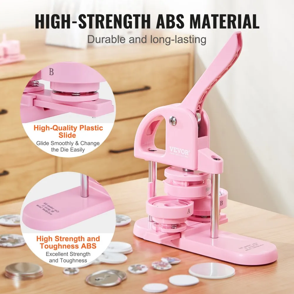 pink VEVOR button maker with high-strength abs material on a wooden desk, featuring plastic slide and various buttons.