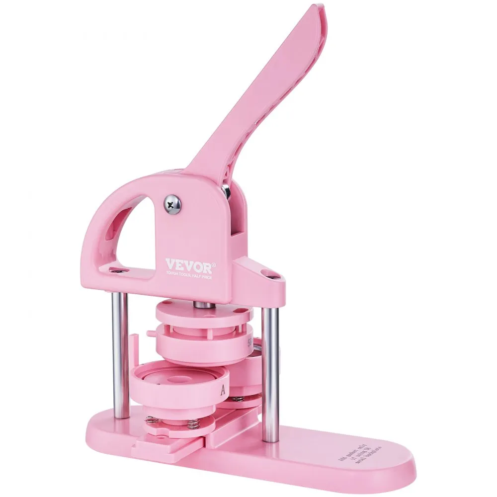VEVOR button maker in pink with handle and base, ideal for creating custom buttons.