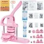 pink VEVOR button maker kit with tools, supplies, and mr. panda badge designs in background.
