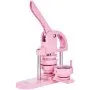 pink VEVOR button maker with lever handle and interchangeable parts labeled a and b.