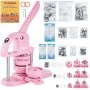 pink VEVOR button maker with accessories, including adjustable circle cutters, button parts, and mr. panda artwork.