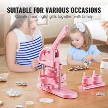 VEVOR Button Maker, 1/1.25/2.28 inch(25/32/58mm) 3-IN-1 Pin Maker, 300pcs Button Parts, Button Maker Machine with Panda Magic Book, Ergonomic Arc Handle Punch Press Kit, For Children DIY Gifts, Pink