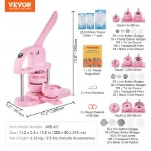 VEVOR Button Maker, 1/1.25/2.28 inch(25/32/58mm) 3-IN-1 Pin Maker, 300pcs Button Parts, Button Maker Machine with Panda Magic Book, Ergonomic Arc Handle Punch Press Kit, For Children DIY Gifts, Pink