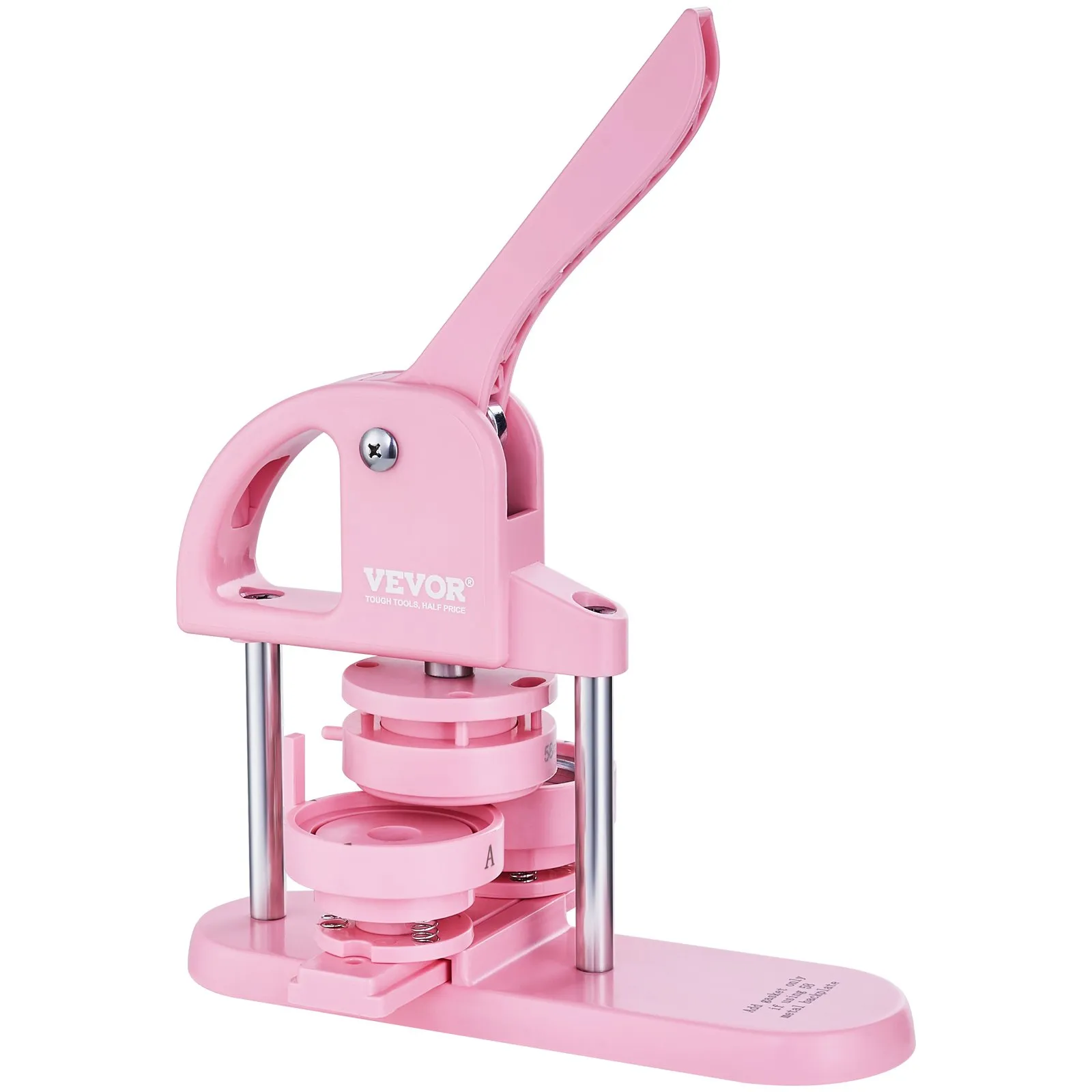 VEVOR button maker in pink with handle and base, ideal for creating custom buttons.