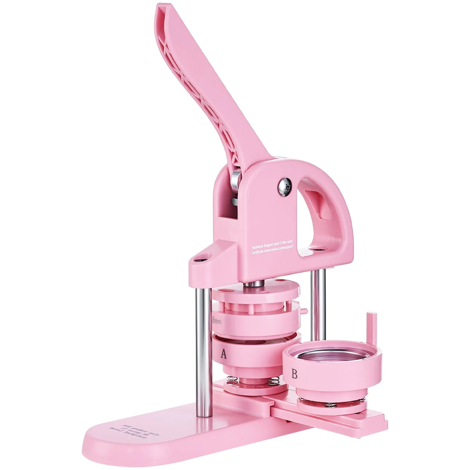 pink VEVOR button maker with lever handle and interchangeable parts labeled a and b.