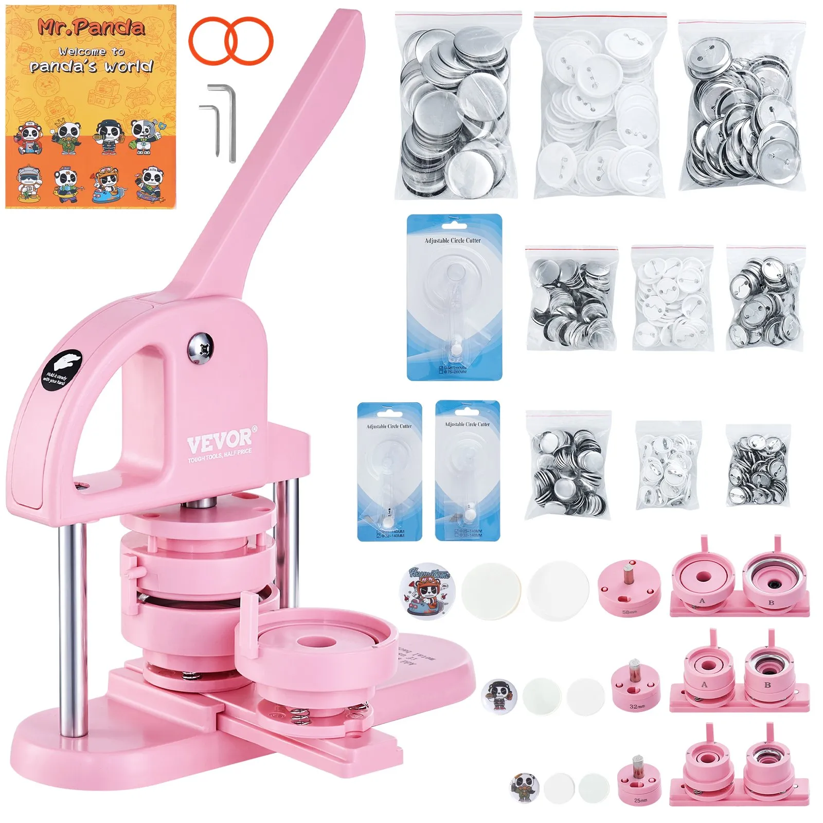 pink VEVOR button maker with accessories, including adjustable circle cutters, button parts, and mr. panda artwork.