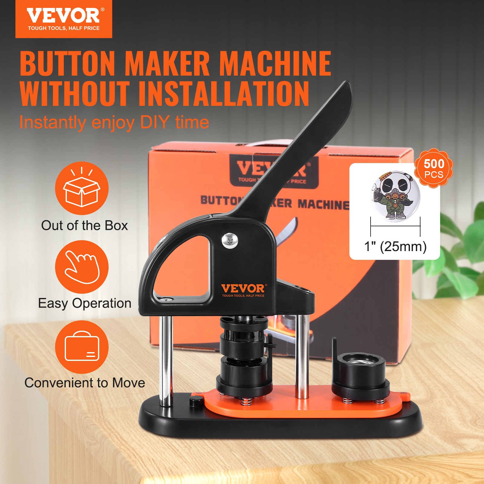 VEVOR button maker shown on a table with packaging and easy operation icons.