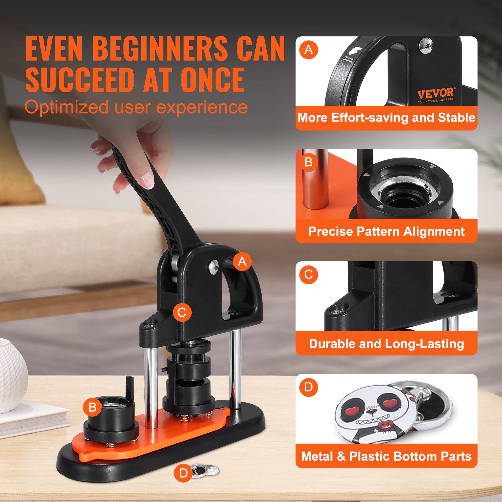 VEVOR button maker with ergonomic handle, precise pattern alignment, durable build, and mixed material parts.