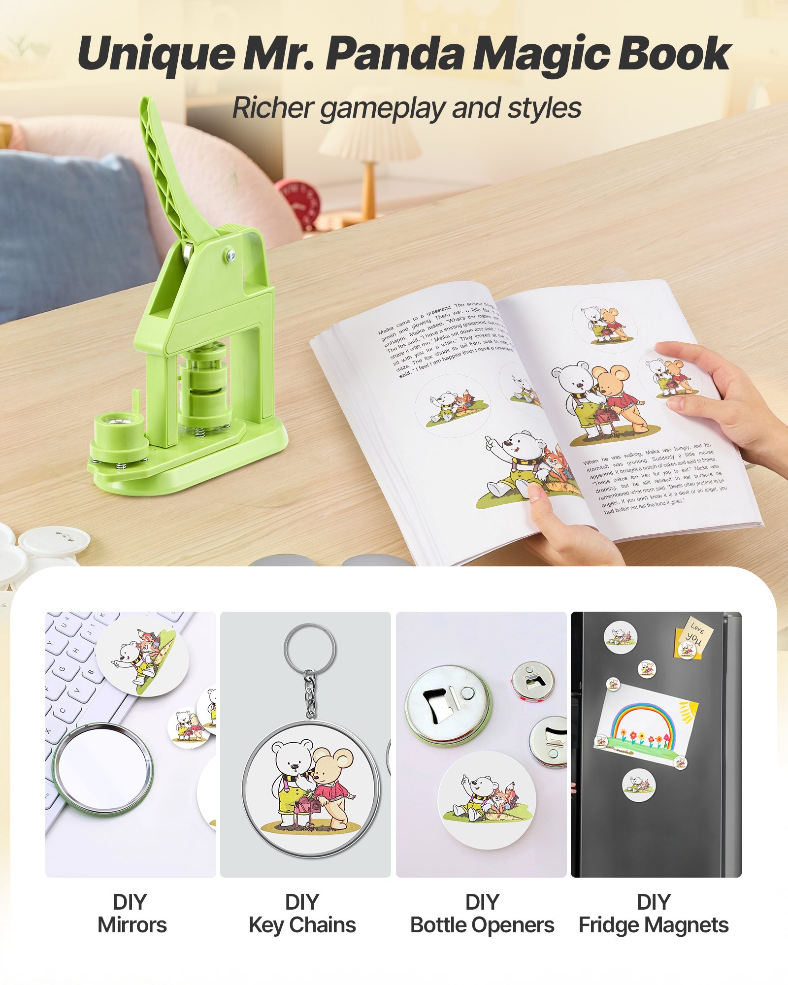 VEVOR Button Maker Machine, 25 mm, Plastic Pin Maker with 500pcs Button Parts, Mr. Panda Magic Book, Circle Cutter and Hex Wrenches, Reinforced Ergonomic Handle, for DIY Badges, Personalized Pins