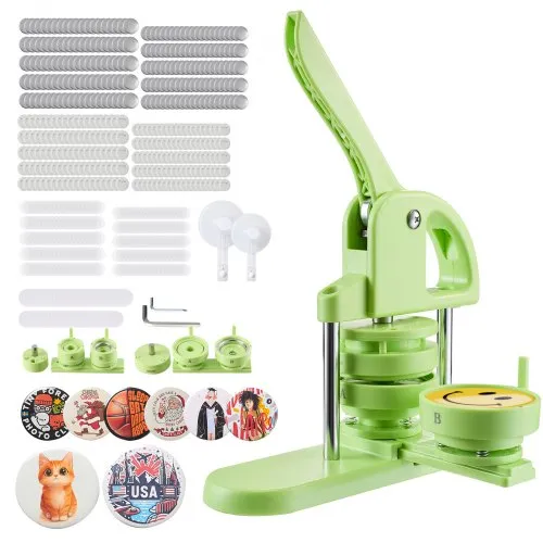 VEVOR Button Maker Machine, 32 mm / 58 mm 2-in-1, Plastic Pin Maker with 200 pcs Button Parts, Circle Cutter and Magic Book, Reinforced Ergonomic Handle, for DIY Badges, Personalized Pins, Green