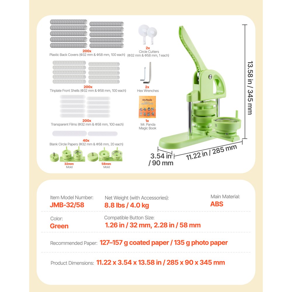 VEVOR Button Maker Machine, 32 mm / 58 mm 2-in-1, Plastic Pin Maker with 200 pcs Button Parts, Circle Cutter and Magic Book, Reinforced Ergonomic Handle, for DIY Badges, Personalized Pins, Green