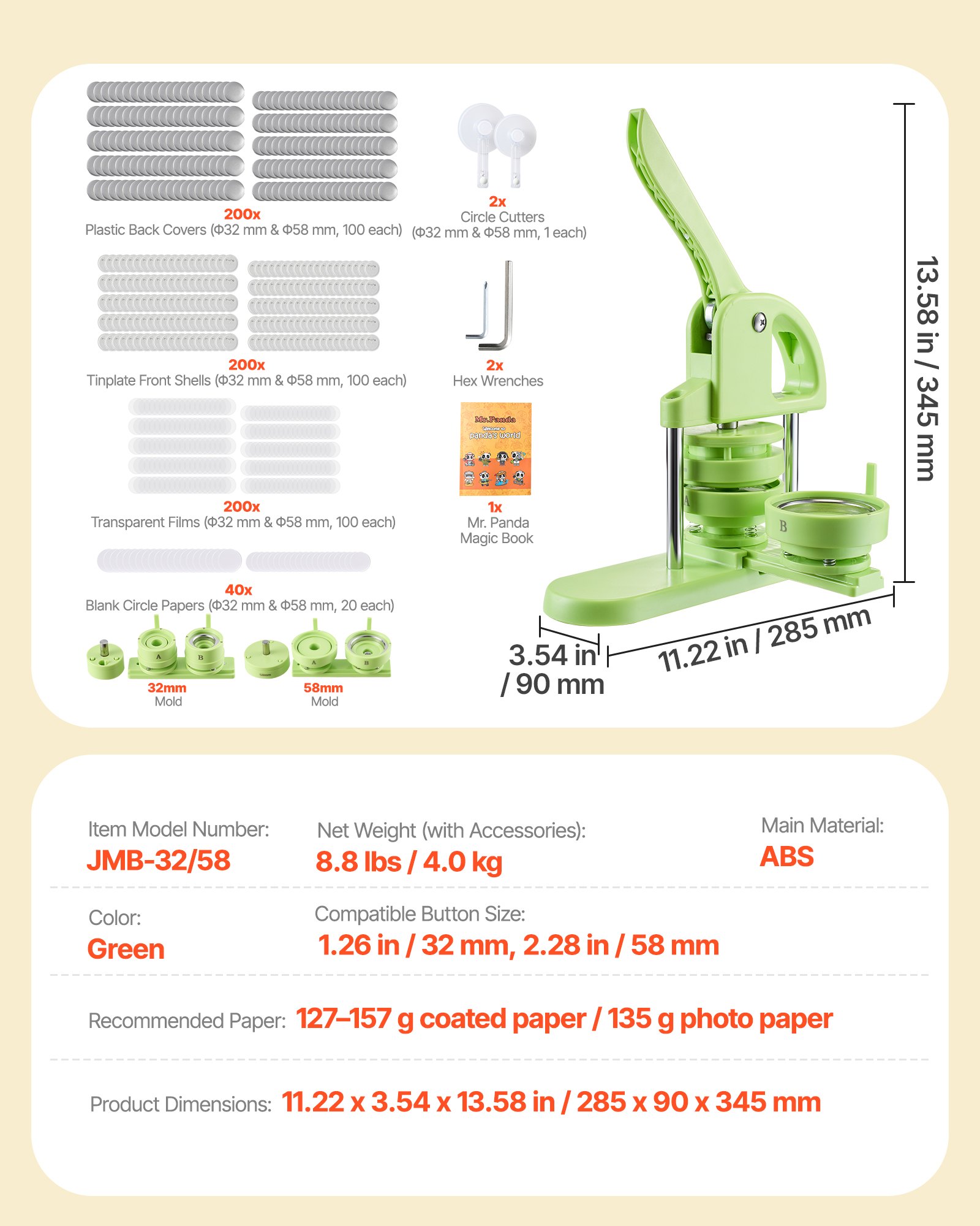 VEVOR Button Maker Machine, 32 mm / 58 mm 2-in-1, Plastic Pin Maker with 200 pcs Button Parts, Circle Cutter and Magic Book, Reinforced Ergonomic Handle, for DIY Badges, Personalized Pins, Green