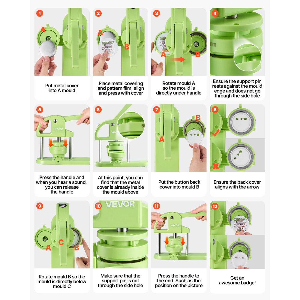 VEVOR Button Maker Machine 1.25"/2.25"(32/58 mm) Plastic Pin Maker Green, with 200pcs Button Parts, Circle Cutter and Magic Book, Ergonomic Handle, for DIY Badges, Pins, Fridge Magnets and Key Chains