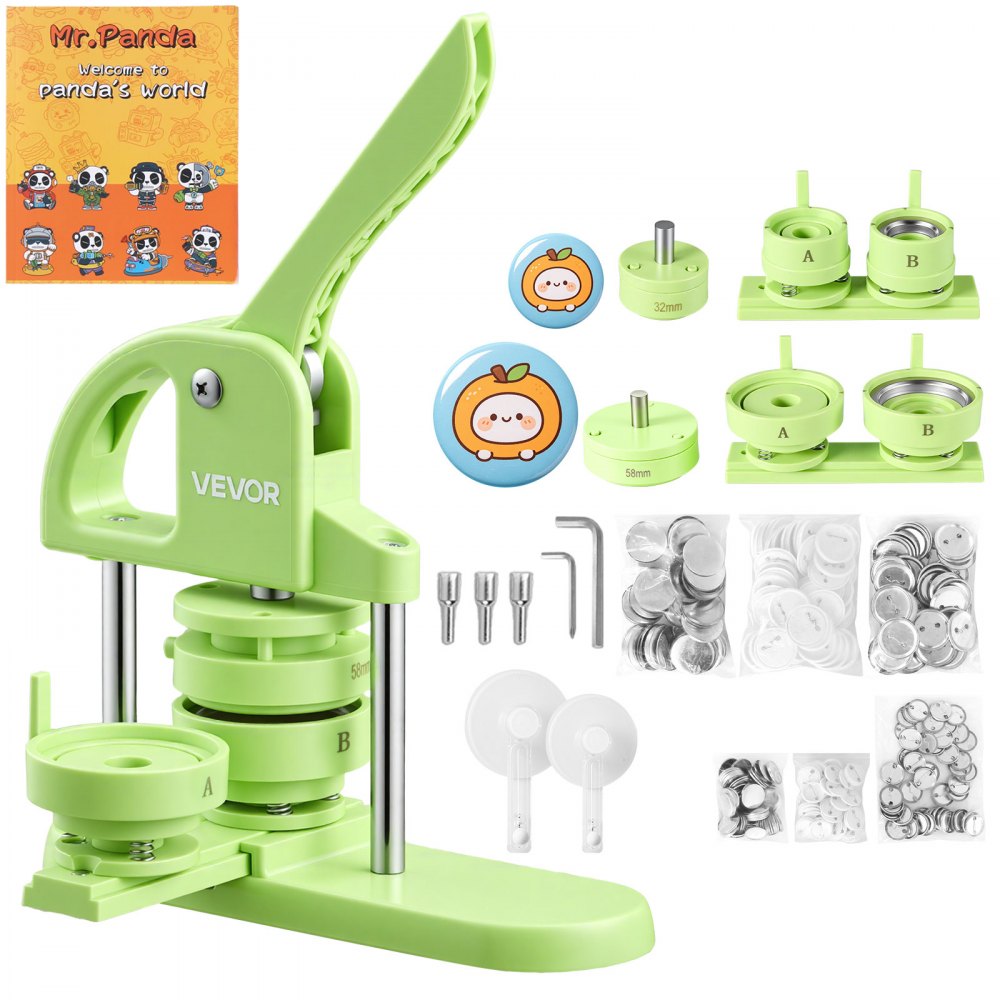 VEVOR Button Maker Machine 1.25"/2.25"(32/58 mm) Plastic Pin Maker Green, with 200pcs Button Parts, Circle Cutter and Magic Book, Ergonomic Handle, for DIY Badges, Pins, Fridge Magnets and Key Chains