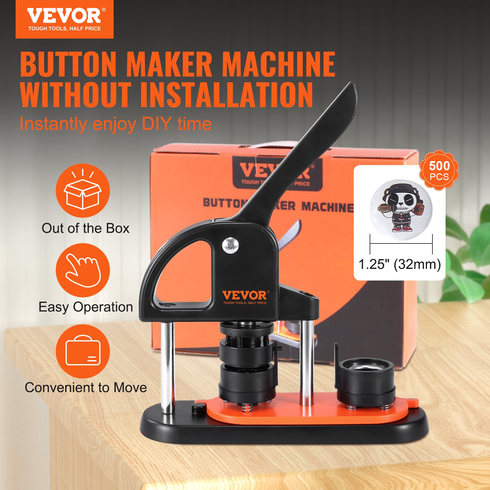 VEVOR Button Maker Machine, 1,25 tommer/32 mm Pin Maker, Installationsfri Badge Punch Press Kit, Børne DIY Gaver Button Making Supplies med 500 stk knapdele, Circle Cutter, Magic Book