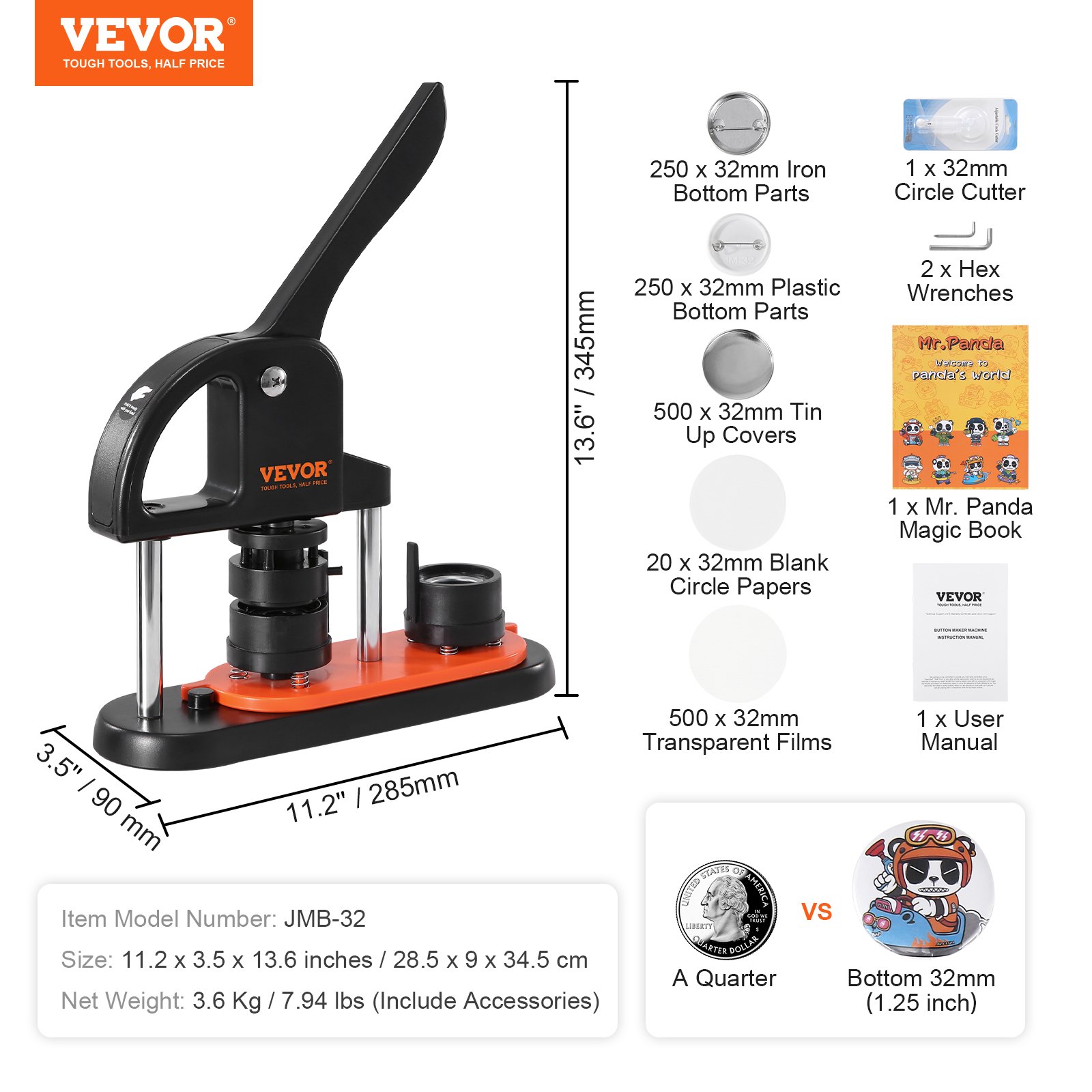 VEVOR Button Maker Machine, 1,25 tommer/32 mm Pin Maker, Installationsfri Badge Punch Press Kit, Børne DIY Gaver Button Making Supplies med 500 stk knapdele, Circle Cutter, Magic Book
