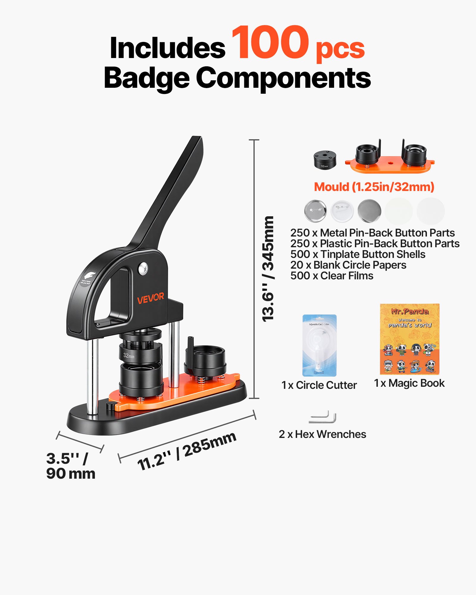 VEVOR Button Maker Machine, 1.25 inch/32mm Pin Maker, Installation-Free Badge Punch Press Kit, Children DIY Gifts Button Making Supplies with 500pcs Button Parts, Circle Cutter, Magic Book