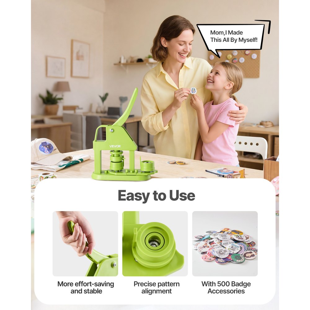 VEVOR Button Maker Machine, 32 mm, Plastic Pin Maker with 500pcs Button Parts, Mr. Panda Magic Book, Circle Cutter and Hex Wrenches, Reinforced Ergonomic Handle, for DIY Badges, Personalized Pins