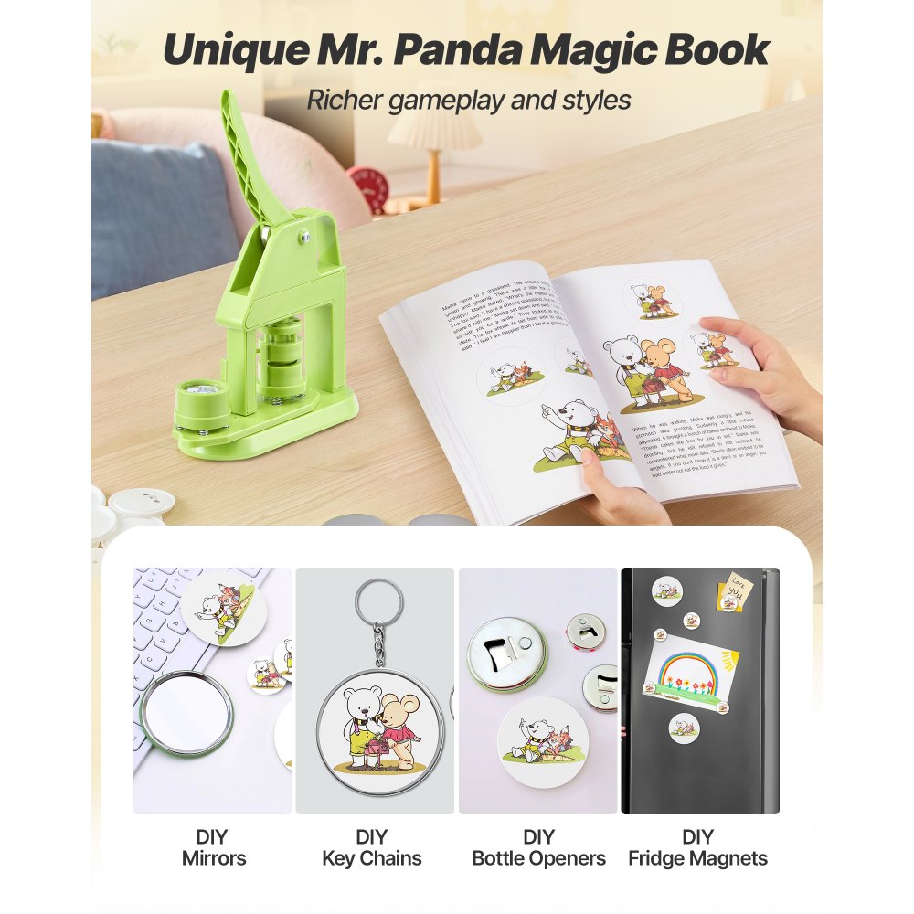 VEVOR Button Maker Machine, 32 mm, Plastic Pin Maker with 500pcs Button Parts, Mr. Panda Magic Book, Circle Cutter and Hex Wrenches, Reinforced Ergonomic Handle, for DIY Badges, Personalized Pins