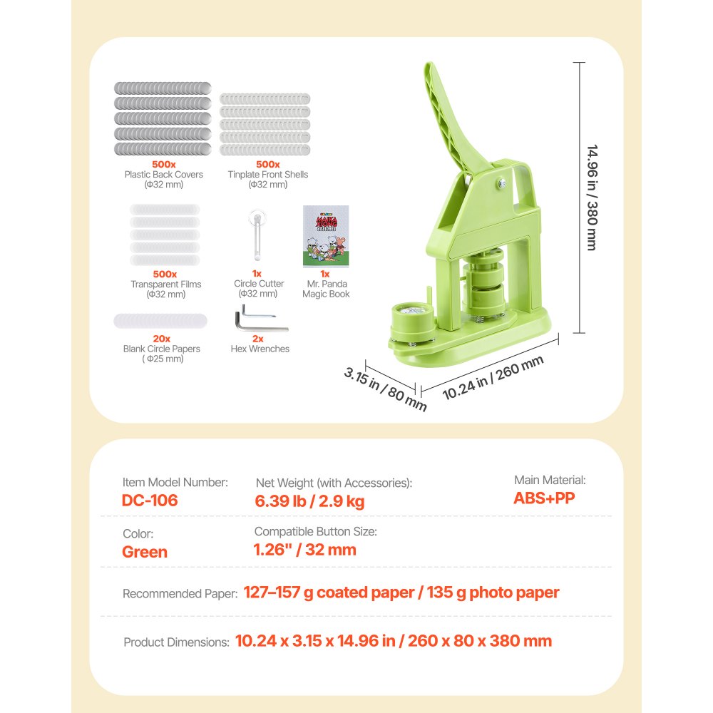 VEVOR Button Maker Machine, 32 mm, Plastic Pin Maker with 500pcs Button Parts, Mr. Panda Magic Book, Circle Cutter and Hex Wrenches, Reinforced Ergonomic Handle, for DIY Badges, Personalized Pins