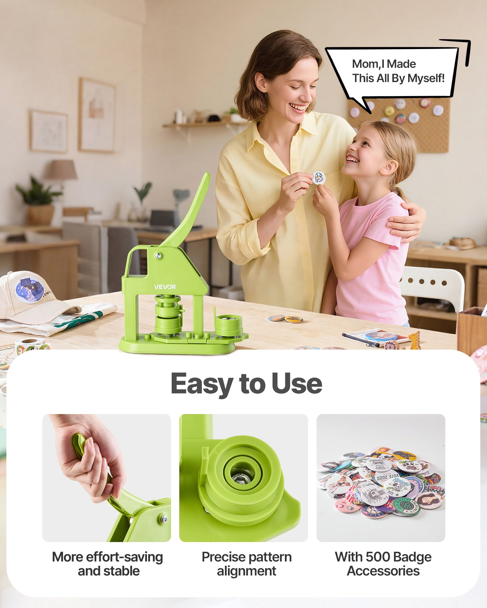 VEVOR Button Maker Machine, 32 mm, Plastic Pin Maker with 500pcs Button Parts, Mr. Panda Magic Book, Circle Cutter and Hex Wrenches, Reinforced Ergonomic Handle, for DIY Badges, Personalized Pins