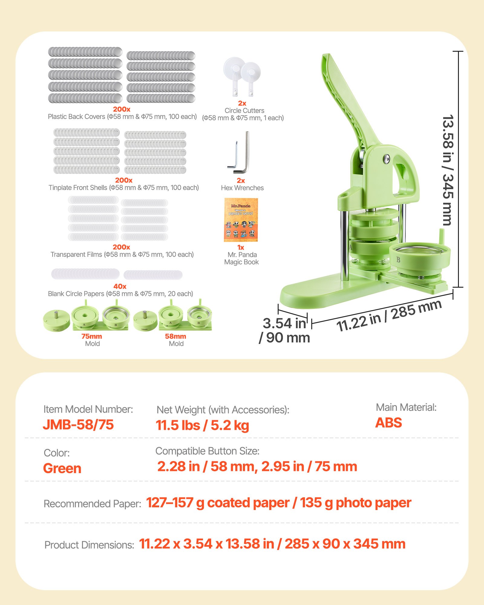 VEVOR Button Maker Machine, 58 mm / 75 mm 2-in-1, Plastic Pin Maker with 200 pcs Button Parts, Circle Cutter and Magic Book, Reinforced Ergonomic Handle, for DIY Badges, Personalized Pins, Green
