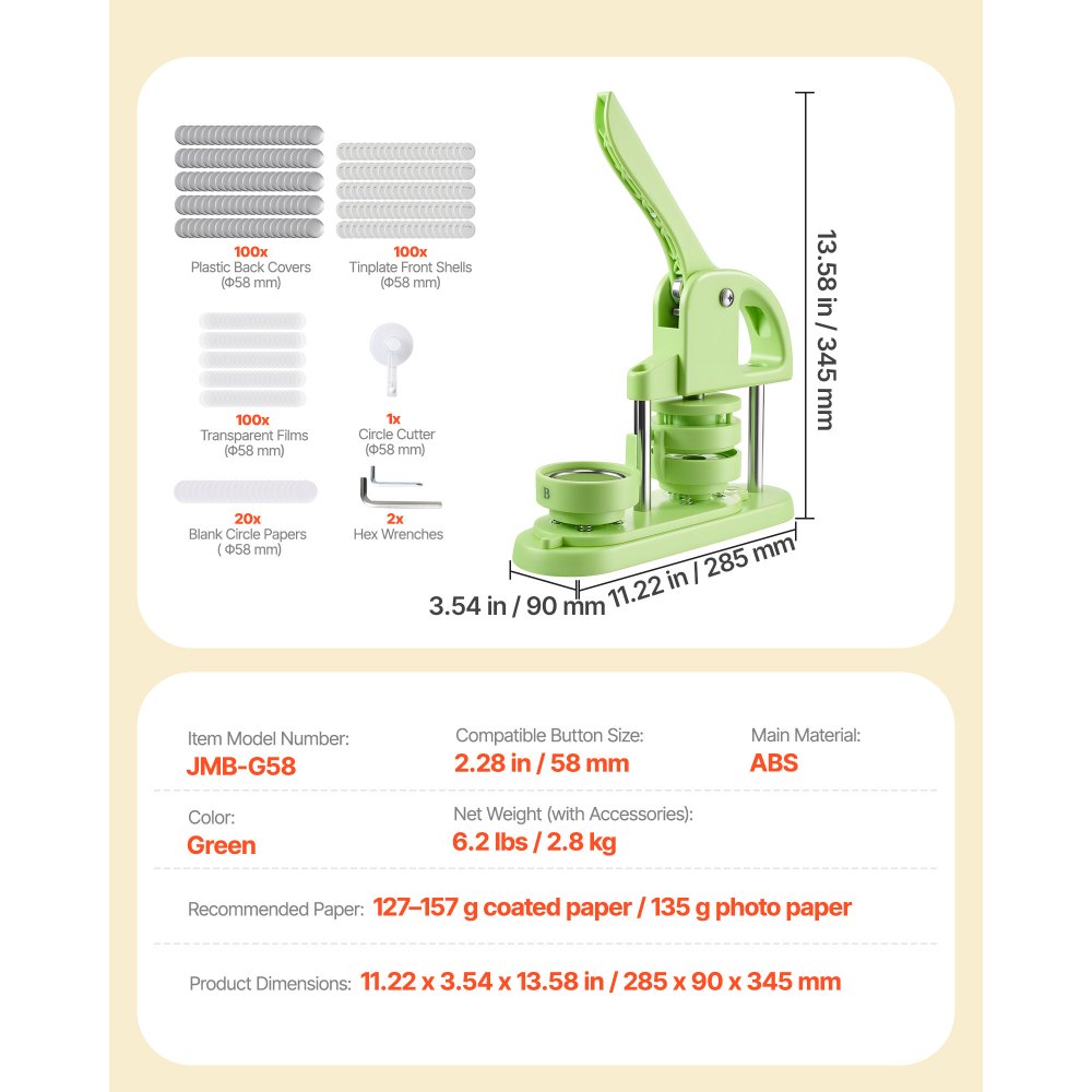 VEVOR Button Maker Machine, 58 mm, Plastic Pin Maker with 100pcs Button Parts, Circle Cutter and Hex Wrenches, Reinforced Ergonomic Handle, for DIY Badges, Personalized Pins and Key Chains, Green