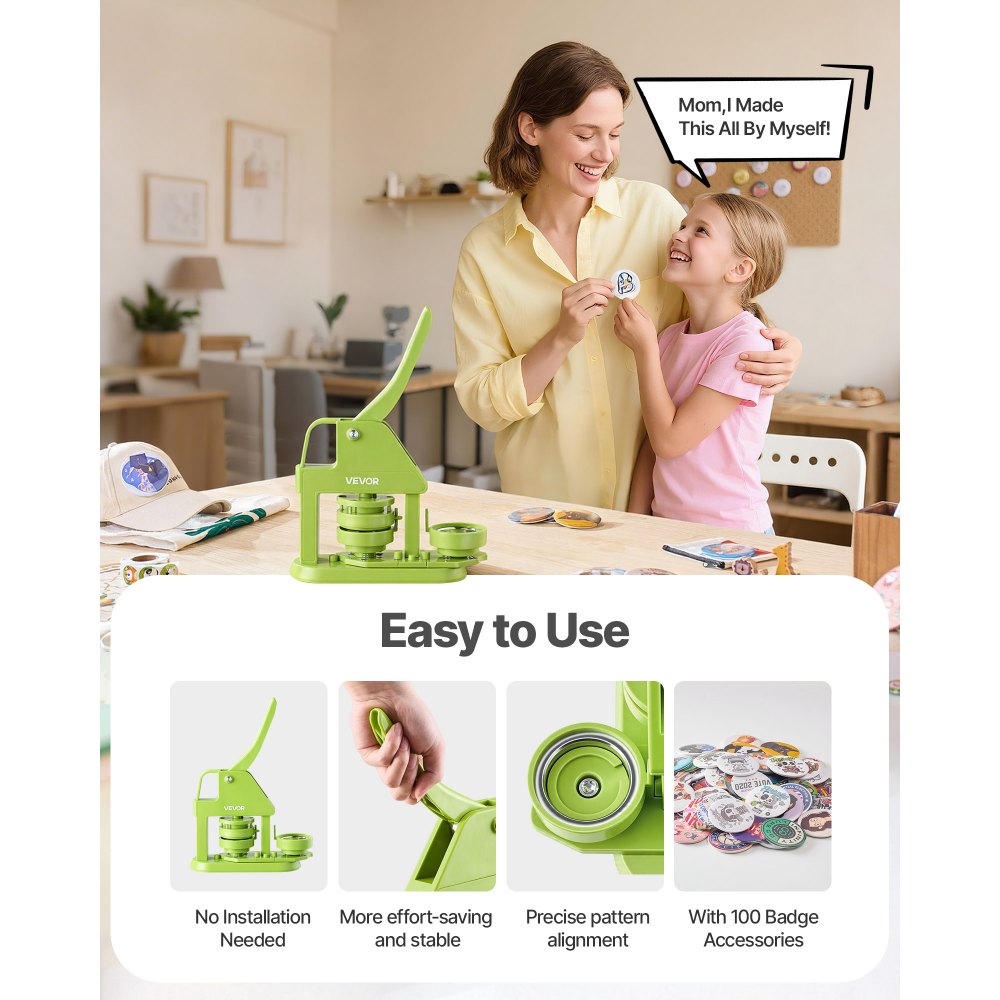 VEVOR Button Maker Machine, 58 mm, Plastic Pin Maker with 100pcs Button Parts, Mr. Panda Magic Book, Circle Cutter and Hex Wrenches, Reinforced Ergonomic Handle, for DIY Badges, Personalized Pins