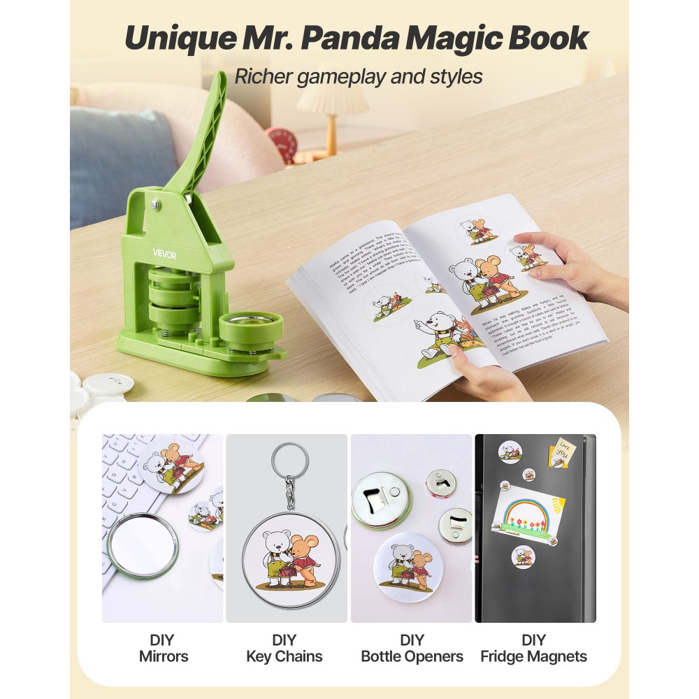 VEVOR Button Maker Machine, 58 mm, Plastic Pin Maker with 100pcs Button Parts, Mr. Panda Magic Book, Circle Cutter and Hex Wrenches, Reinforced Ergonomic Handle, for DIY Badges, Personalized Pins