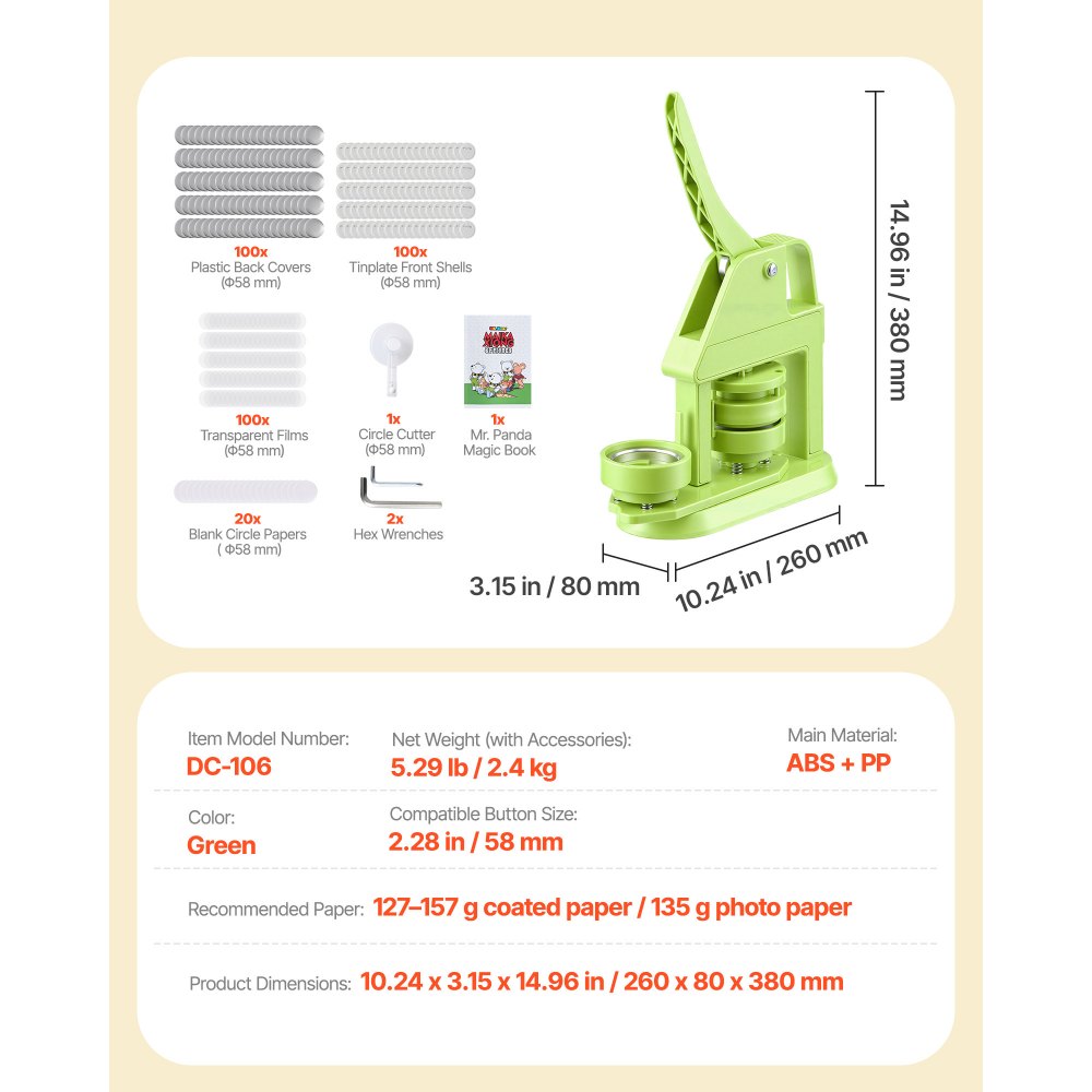 VEVOR Button Maker Machine, 58 mm, Plastic Pin Maker with 100pcs Button Parts, Mr. Panda Magic Book, Circle Cutter and Hex Wrenches, Reinforced Ergonomic Handle, for DIY Badges, Personalized Pins