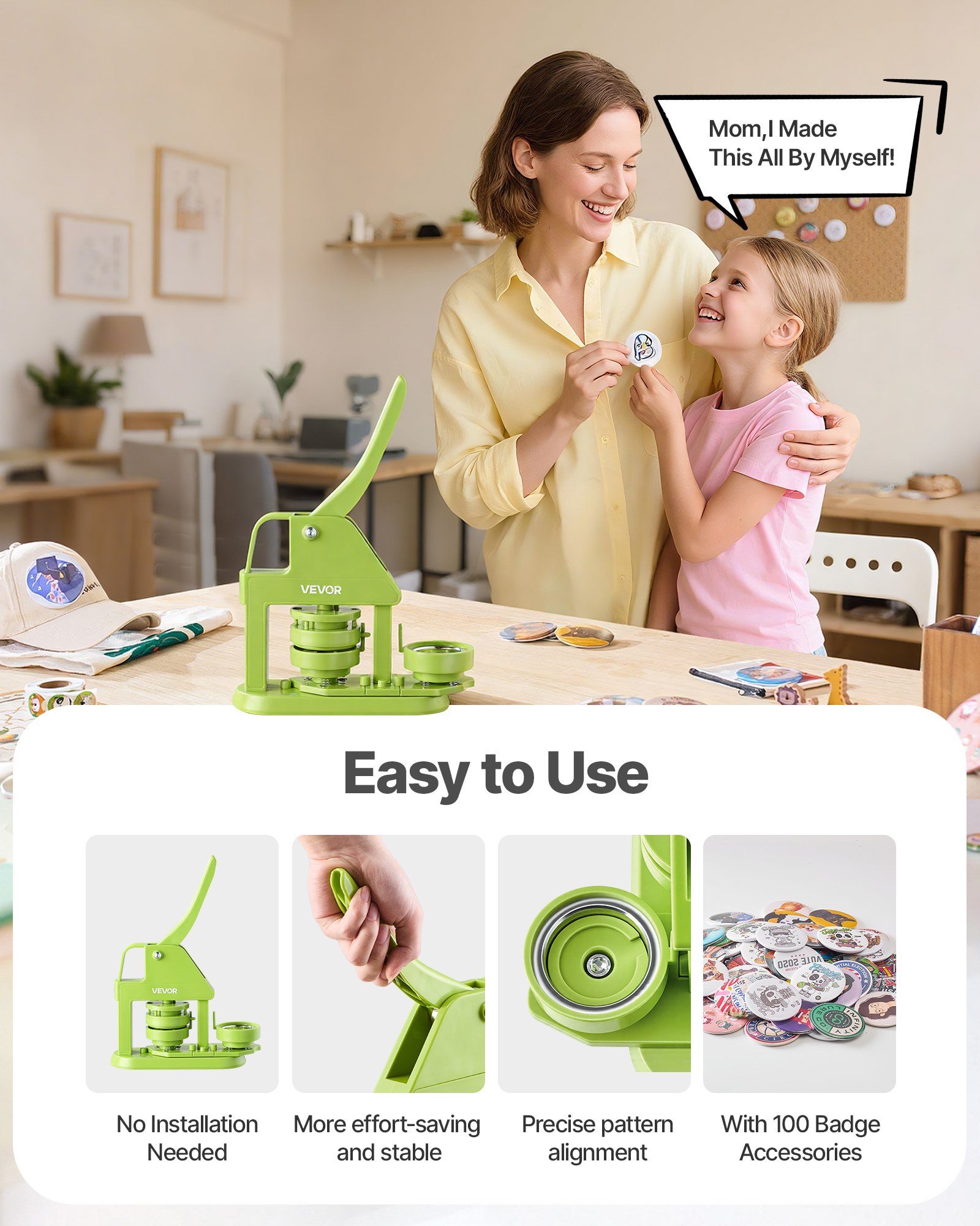 VEVOR Button Maker Machine, 58 mm, Plastic Pin Maker with 100pcs Button Parts, Mr. Panda Magic Book, Circle Cutter and Hex Wrenches, Reinforced Ergonomic Handle, for DIY Badges, Personalized Pins