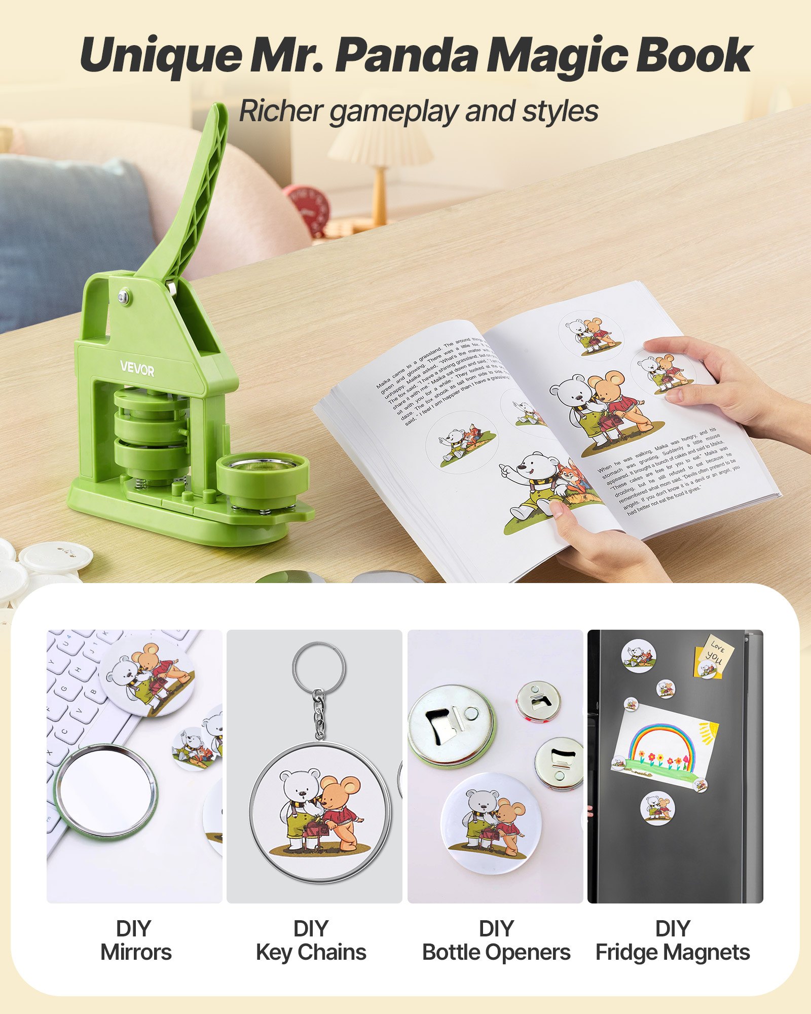 VEVOR Button Maker Machine, 58 mm, Plastic Pin Maker with 100pcs Button Parts, Mr. Panda Magic Book, Circle Cutter and Hex Wrenches, Reinforced Ergonomic Handle, for DIY Badges, Personalized Pins