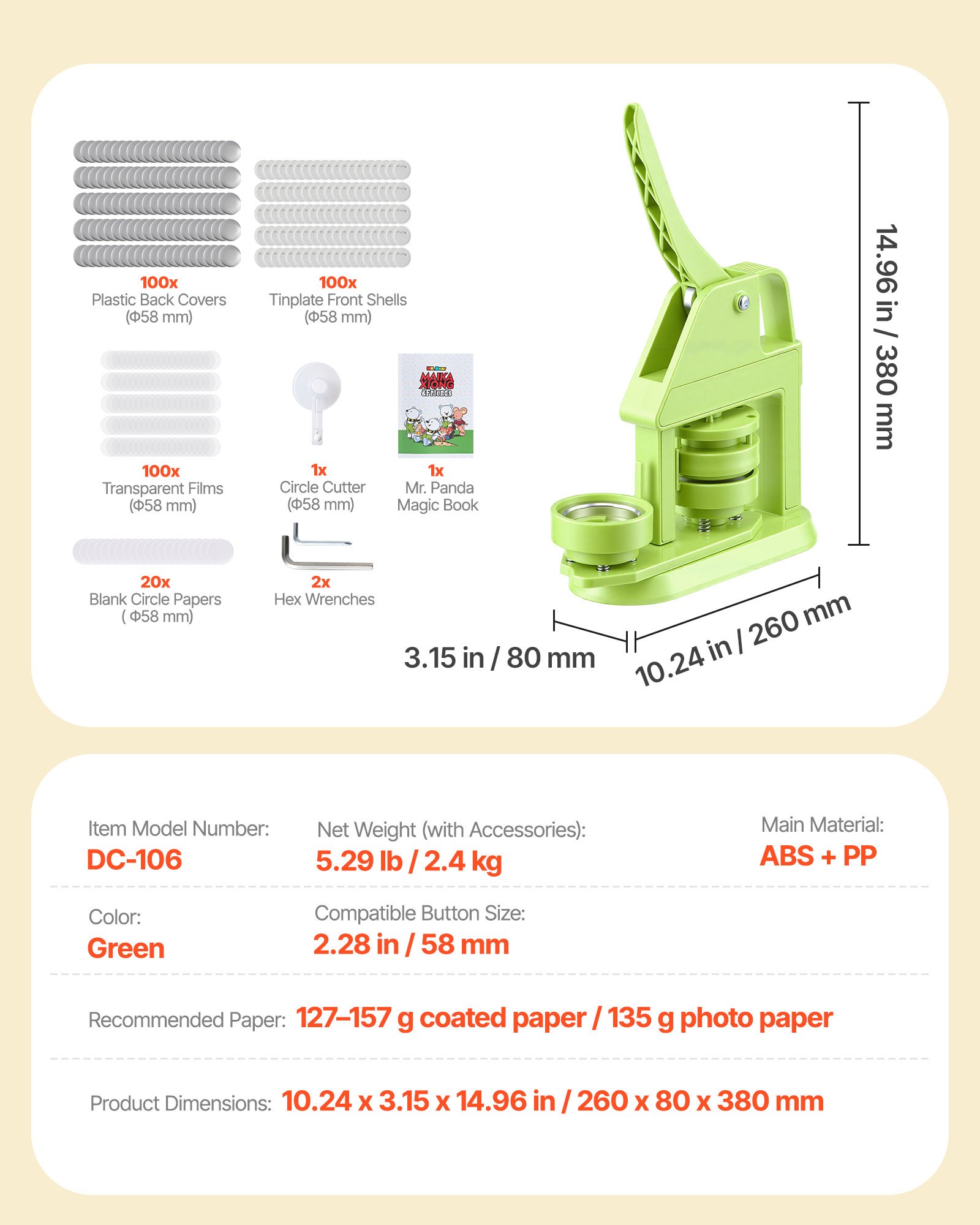 VEVOR Button Maker Machine, 58 mm, Plastic Pin Maker with 100pcs Button Parts, Mr. Panda Magic Book, Circle Cutter and Hex Wrenches, Reinforced Ergonomic Handle, for DIY Badges, Personalized Pins