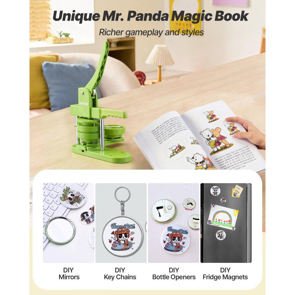 VEVOR Button Maker Machine, 75 mm, Plastic Pin Maker with 100pcs Button Parts, Mr. Panda Magic Book, Circle Cutter and Hex Wrenches, Reinforced Ergonomic Handle, for DIY Badges, Personalized Pins